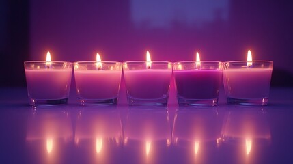 Close-Up of Six Diwali Candles on Purple Background with Copy Space, Hindu Festival of Lights Celebration