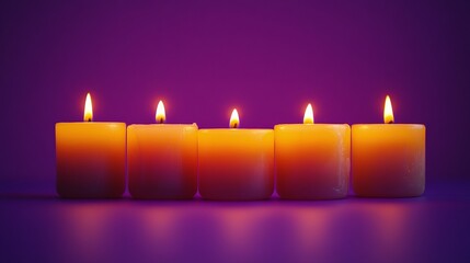 Close-Up of Six Diwali Candles on Purple Background with Copy Space, Hindu Festival of Lights Celebration