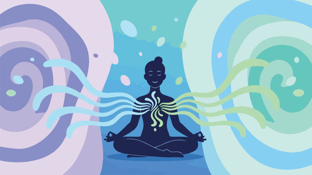 Meditating figure radiates energy, surrounded by colorful, swirling designs