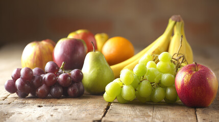 Vibrant arrangement of fresh fruits on a wooden table, showcasing natural beauty and freshness.