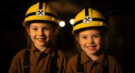 Two miners wearing yellow hard hats with black stripes