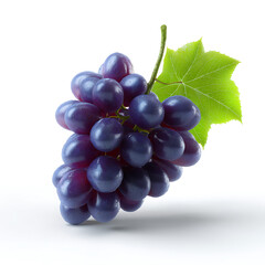 Fototapeta premium Fresh and juicy purple grapes isolated. The image features a bunch of ripe grapes with a green leaf, showcasing the vibrant colors and textures