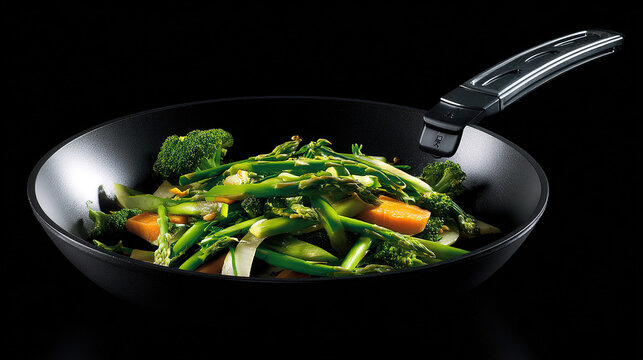 Close-up of sizzling vegetables in a frying pan, captured with vibrant colors and overhead lighting.

