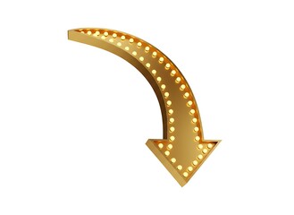 Obraz premium Gold retro marquee arrow pointing down, shiny light bulbs creating vintage casino or theater sign element, Vintage Entertainment Marquee Signs & Lights