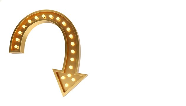 Gold retro marquee arrow pointing down, shiny light bulbs creating vintage casino or theater sign element, Vintage Entertainment Marquee Signs & Lights