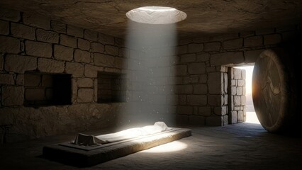 Solitary shrouded form beneath the celestial beam in the stone chamber evokes reverence
