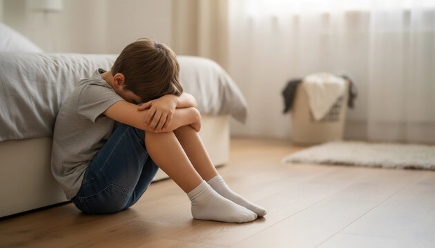 A boy sitting alone on wooden bedroom floor, leaning against bed with head down, expressing sadness, loneliness, and emotional struggle. Natural light, mental health lifestyle concept.