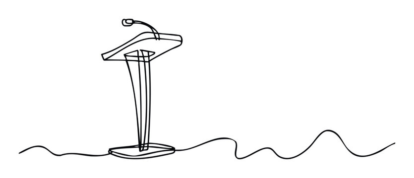A continuous one line drawing of a speakers podium with an integrated microphone, suitable for illustrating public speaking events, conferences, educational content, and communication
