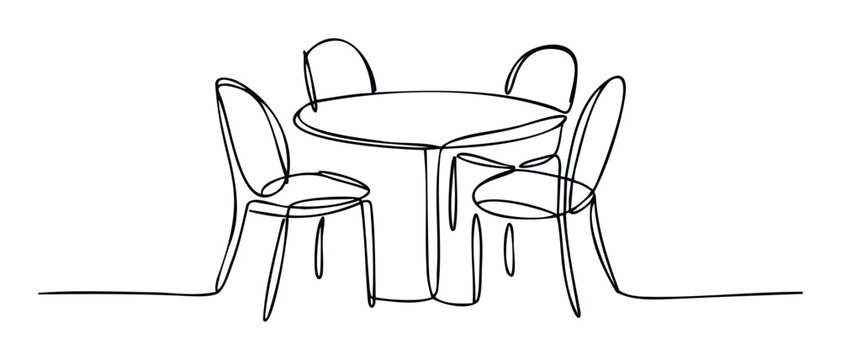 Elegant single line sketch depicting a round kitchen table surrounded by four chairs ideal for architectural presentations and furniture catalogs