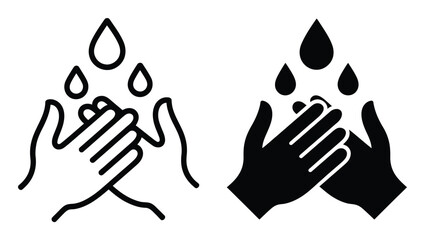 Fototapeta premium Iconographic representation of washing hands with water drops, in outline and solid black styles