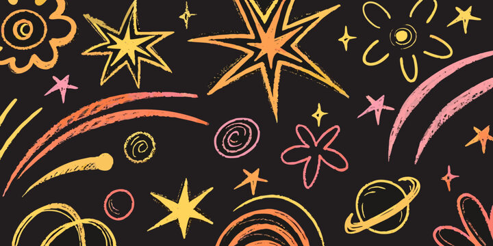 Colorful chalk drawing of stars flowers and celestial shapes on black background