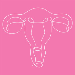 Minimalist White Continuous Line Drawing of Female Uterus System on Pink Background