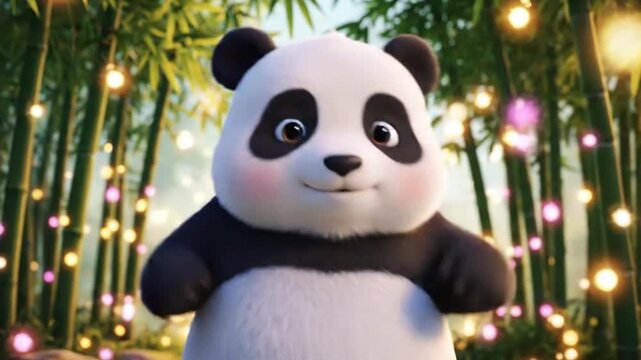 A dancing bear panda happily entertains in a serene bamboo forest scene surrounded by twinkling lights