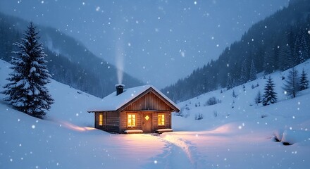 Wooden cabin nestled in a snowy mountain valley during a gentle snowfall