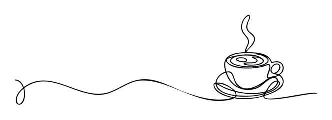 Steaming hot beverage cup and saucer rendered in a continuous single line drawing style with a flowing abstract element, perfect for modern caf branding, minimalist web graphics, or