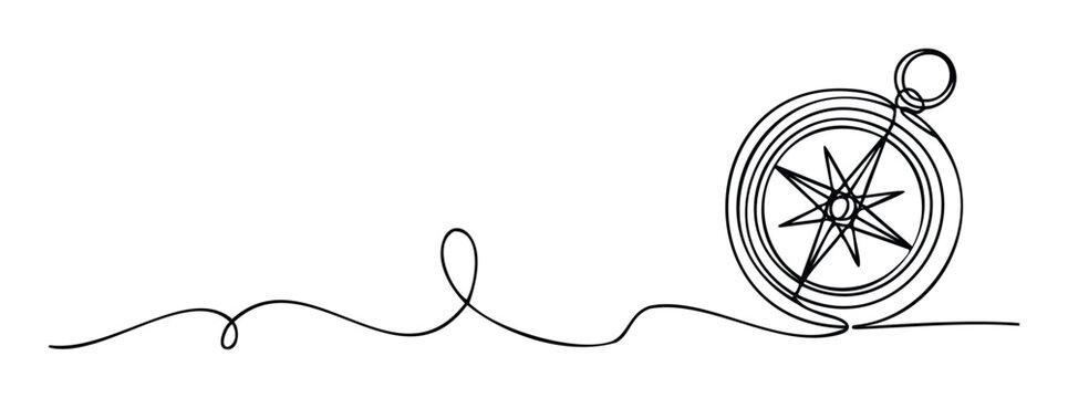 A continuous single line drawing forming a winding path that culminates in a precise compass rose, representing navigation, guidance, and strategic direction for various graphic projects.