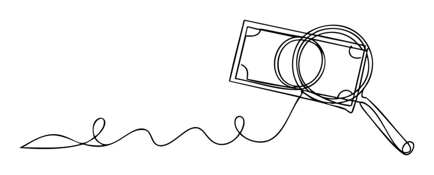 Dynamic continuous line drawing portraying a banknote viewed through a magnifying glass, symbolizing diligent financial research, economic growth, and investment strategy for modern