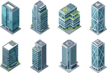 Isometric Modern Skyscraper Vector Set Featuring Contemporary High Rise Office Buildings and Urban Architecture Designs © Jesika!