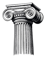 Naklejka premium Ancient architectural Ionic column capital and shaft section in a classic engraved style, symbolizing strength and historical heritage, ideal for educational content or cultural project