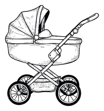 Black and white sketch of a vintage baby stroller with a deep bassinet, ideal for parenting guides, baby product promotions, and family content.
