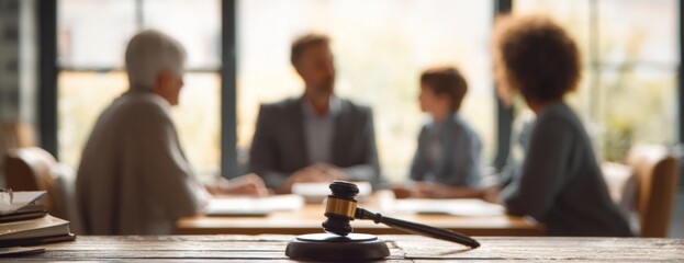 Naklejka na ściany i meble Family meeting discussing legal matters with gavel in foreground 