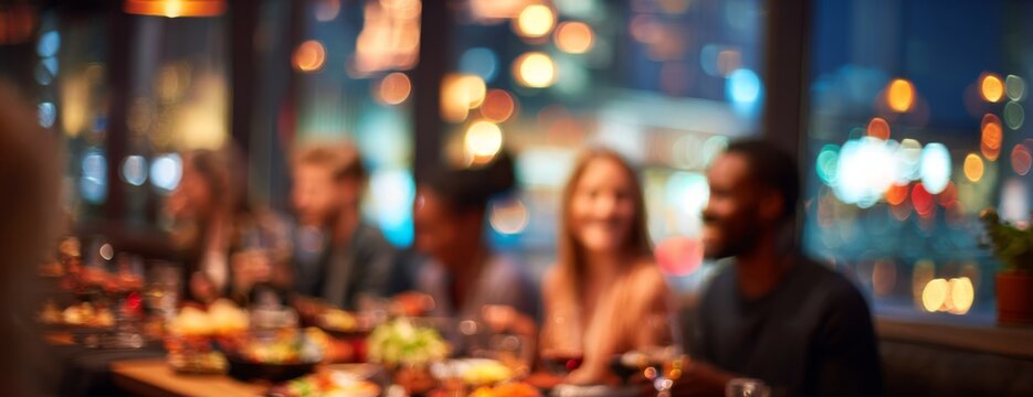 Friends enjoying dinner at a restaurant with city lights in blurred background  
