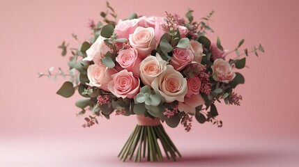 Elegant Wedding Flower Bouquet Isolated on Light Pink Background, Mother&rsquo;s Day and Valentine&rsquo;s Gift Banner