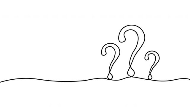 Continuous one line drawing of three question marks for business faq help desk support problem solving and curiosity concept animation