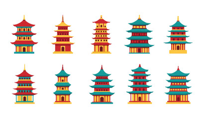 Flat Chinese pagoda illustrations for Chinese New Year designs