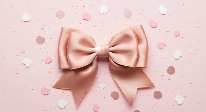 Soft pink ribbon bow with pearl center on pastel background