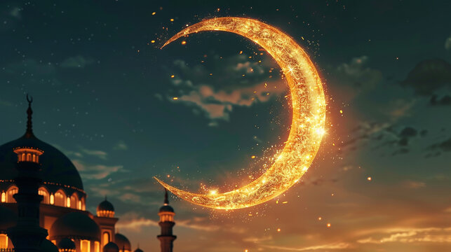 Golden crescent moon with fireworks over mosque silhouette at dusk dramatic sky background