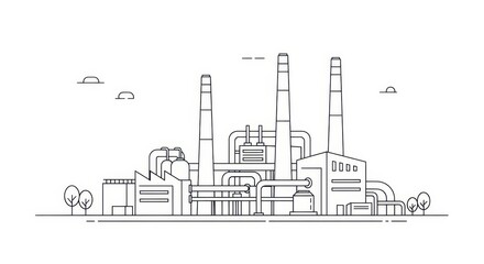 Obraz premium Industrial Power Plant Factory with Smokestacks and Pipes, Minimalist Line Art