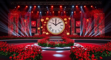 Grand stage with a large clock and vibrant red flowers in a concert setting