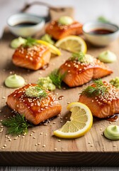 Glazed salmon fillets garnished with sesame seeds and avocado cream rest upon a rustic wooden cutting board