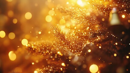 Christmas Tree Ornaments with Gift Box, Golden Bokeh Lights, Happy New Year Winter Holiday Background