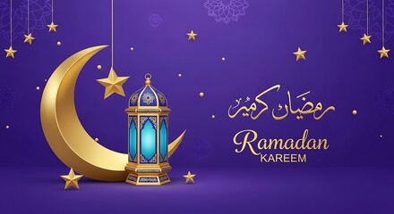 A vibrant illustration celebrating ramadan with a crescent moon, lantern, and stars