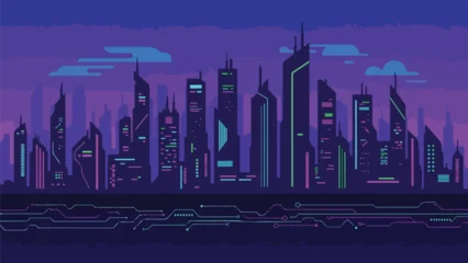 Fotobehang Warm Paars Pixelated night cityscape with electronic circuit elements at the bottom  © PANGERANDESIGN