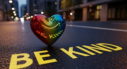 A vibrant rainbow heart on the pavement with the words be kind written underneath.