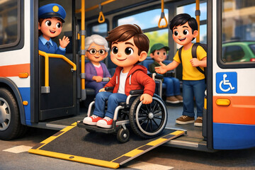 Happy Child in Wheelchair Boarding Accessible City Bus with Supportive Community