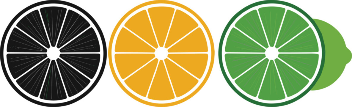 Citrus slice icon set with black lemon orange and green lime cross sections flat vector illustration isolated