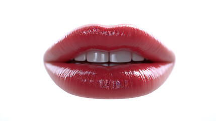 Fototapeta premium Close-up of full, glossy red lips. The lips are parted, showing the upper and lower teeth