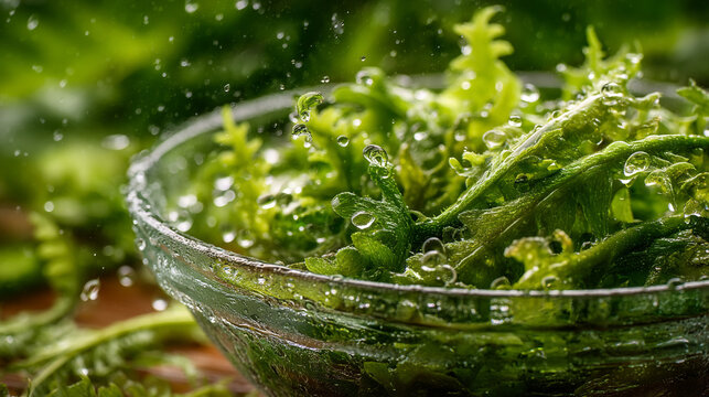 Water droplets falling on fresh green sea grapes in a glass bowl, close up
