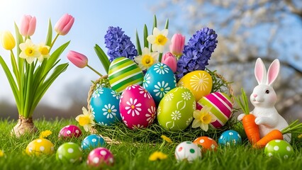 Easter celebration with colorful eggs and bunny in floral grass