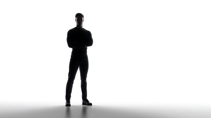 Obraz premium A silhouette of a man stands confidently with arms crossed, conveying strength and determination. The man is wearing a dark suit. A bright background creates a striking contrast