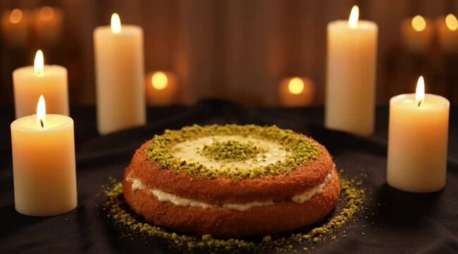 kunefe with syrup on a wooden table