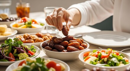 A person is serving themselves food from a variety of dishes on a table.