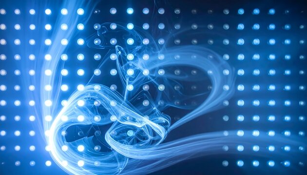 Abstract Blue Smoke Swirls Amidst Glowing Dots.