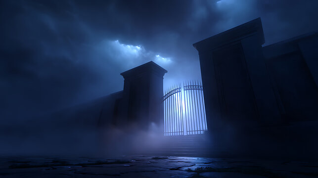 A dramatic gate with ethereal glow and ominous atmosphere. The gate is made of stone and is surrounded by a foggy and cloudy environment.