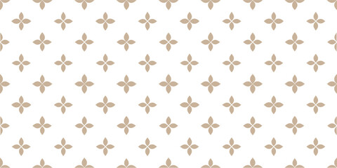 Seamless beige geometric floral pattern with small symmetrical motifs on a light background. Elegant repeating ornament ideal for wallpaper, fabric, stationery, and surface design. 
