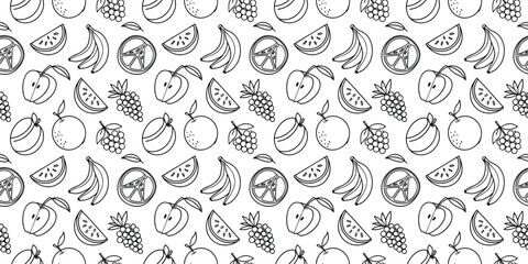 Seamless black and white fruit pattern with hand drawn banana and citrus doodles on light background. Repeating food illustration perfect for fabric, wallpaper, wrapping, packaging, and branding. 